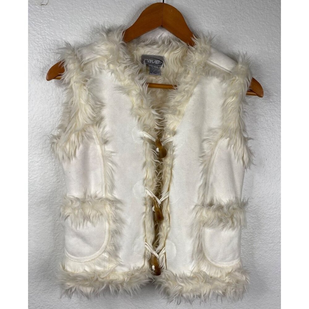Rave Faux Suede Fur Lined 90's Y2K Festival Toggle Button Vest White Size S